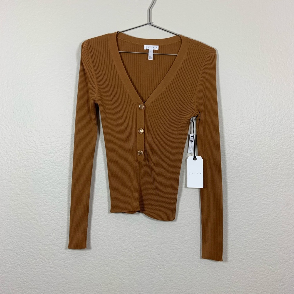 LEITH V-neck Ribbed Henley L/S Tan Size Small - Picture 3 of 8